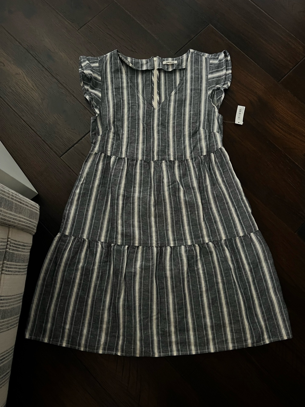 Washed linen blend flutter sleeve peasant dress gray awning stripe